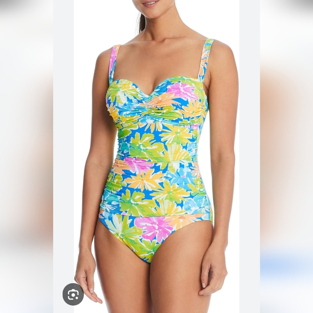 NEW Bleu Rod Beattie Shirred Underwire Bandeau Swimsuit Floral Multicolor Size 4